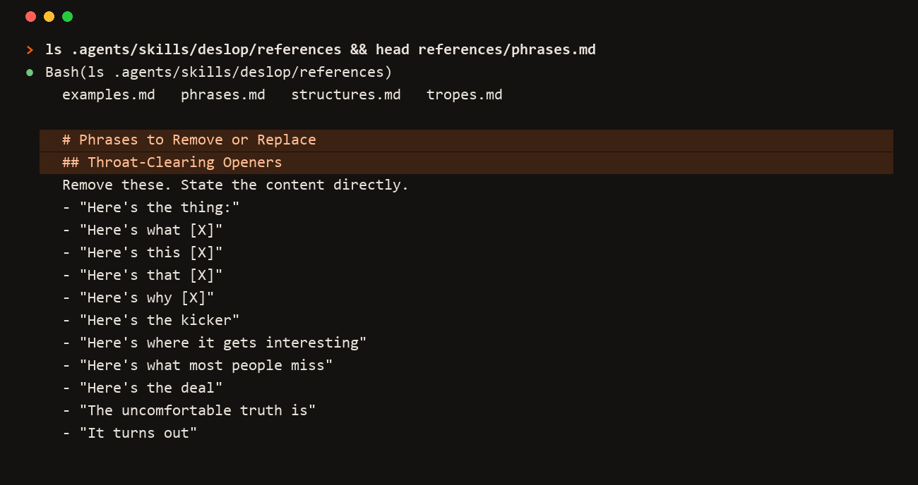 Example: a catalogue of phrases to remove Example: a terminal listing a skill's reference file of phrases to remove from a draft