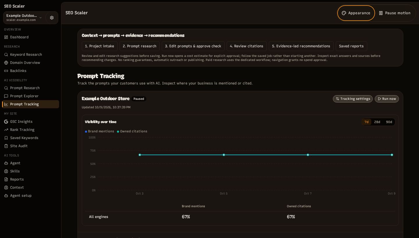 Screenshot: ai visibility tracker with four example runs