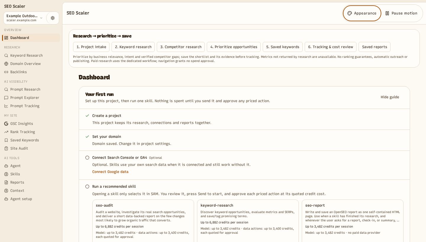 Screenshot: project dashboard and next actions