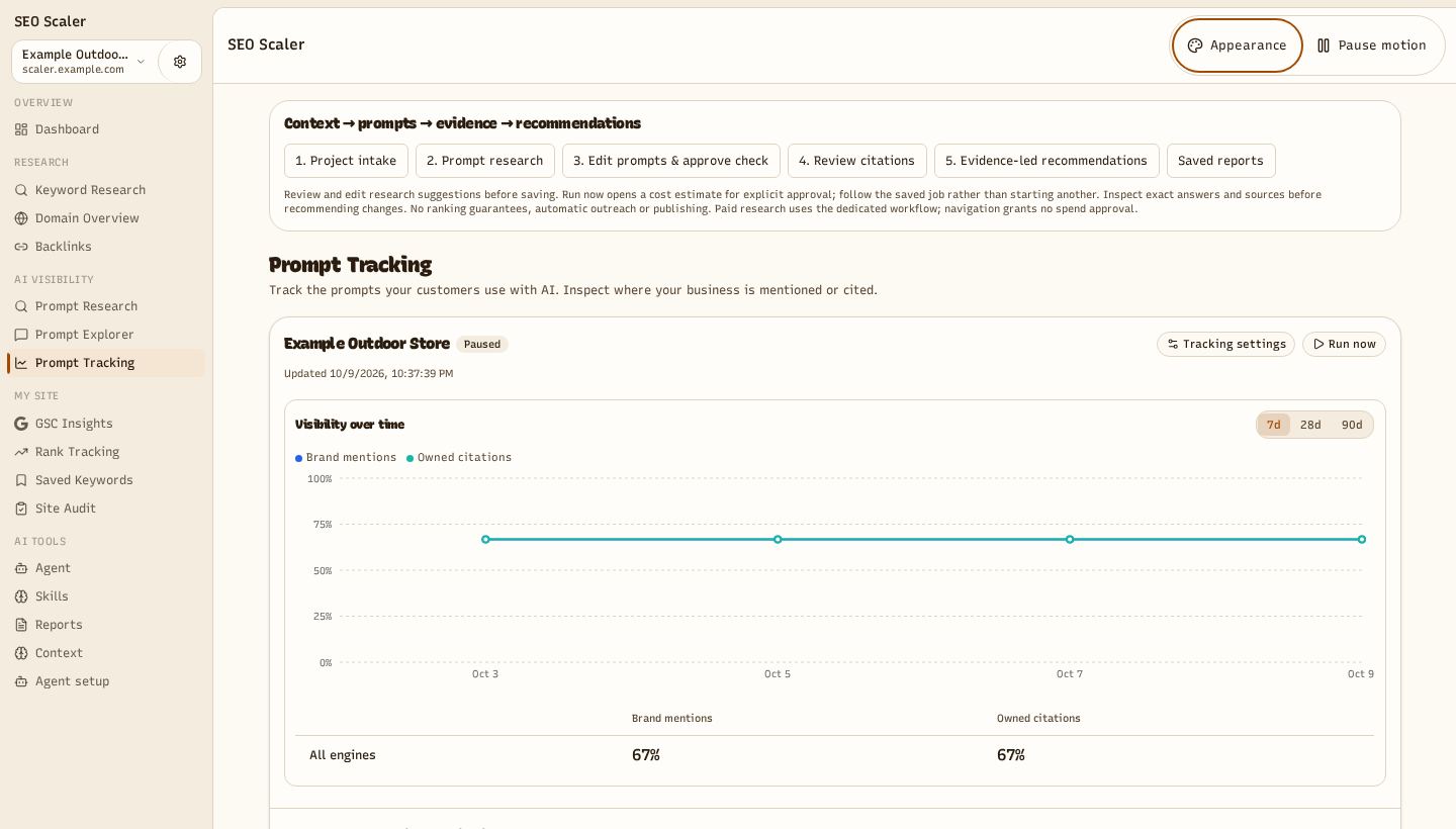 Screenshot: ai visibility tracker with four example runs