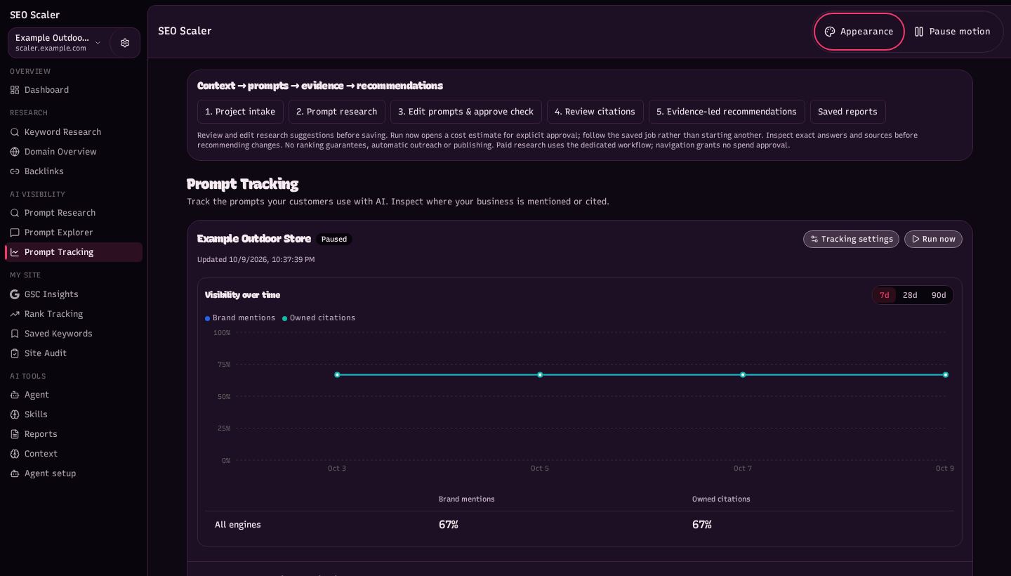 Screenshot: ai visibility tracker with four example runs