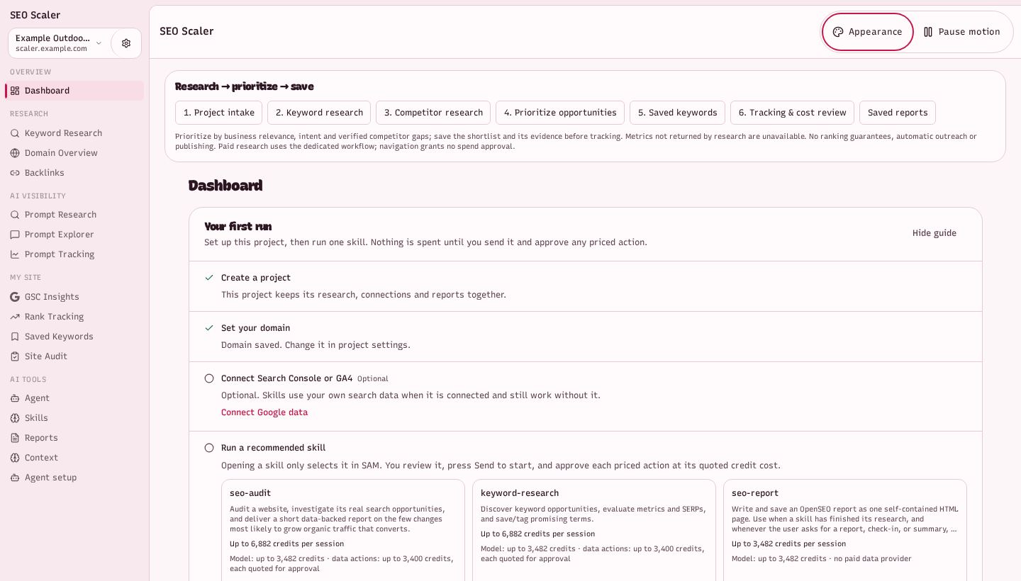Screenshot: project dashboard and next actions