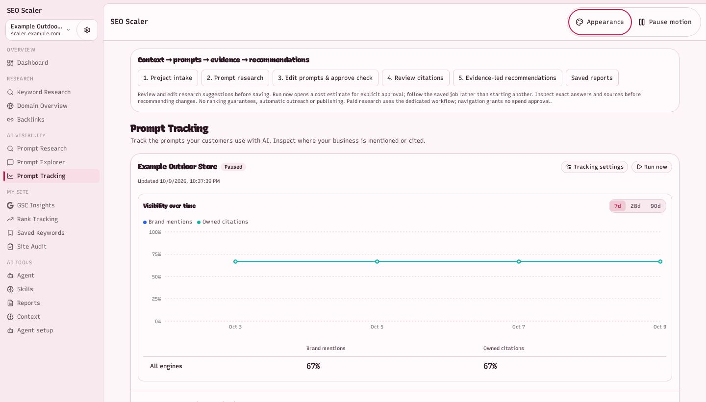 Screenshot: ai visibility tracker with four example runs