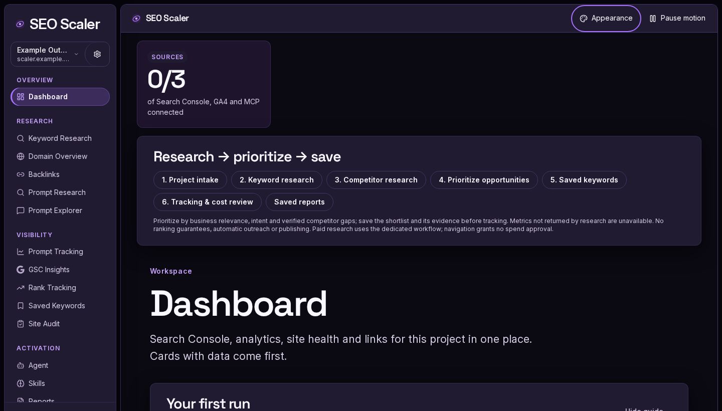 Screenshot: project dashboard and next actions