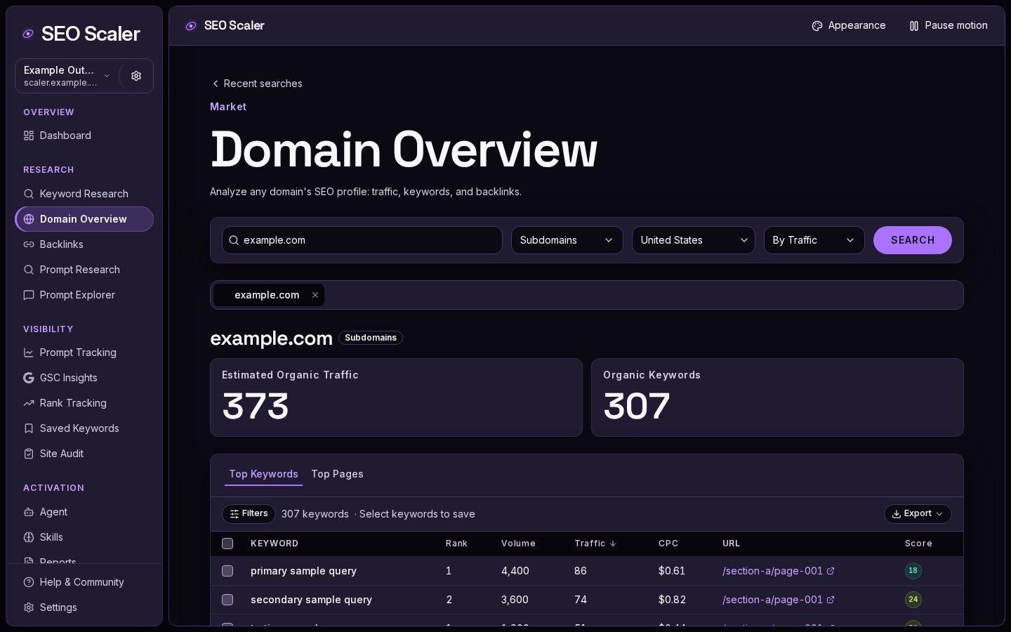 Domain Overview: Domain overview workspace for example.com