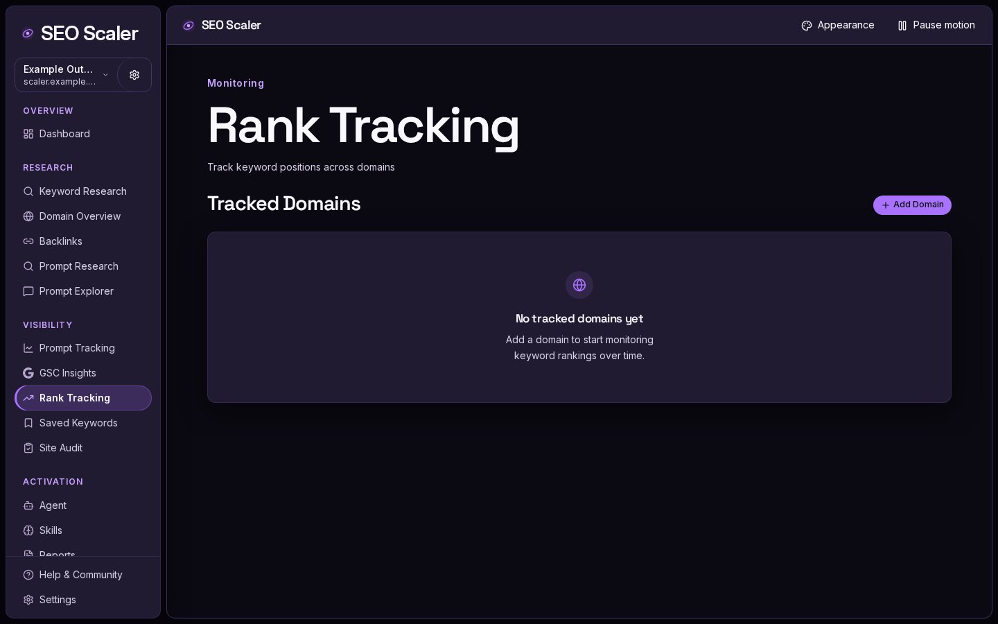 Rank Tracking: Rank tracking workspace before keywords have been tracked