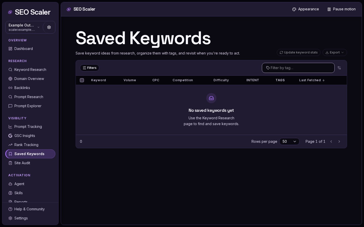 Saved Keywords: Saved keyword workspace before keywords have been saved