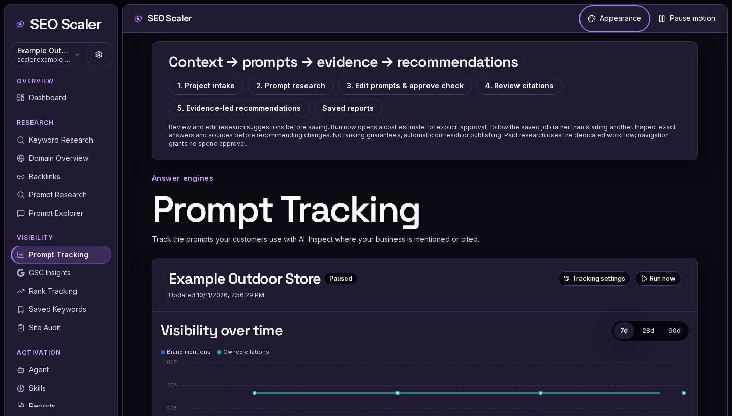 Screenshot: ai visibility tracker with four example runs
