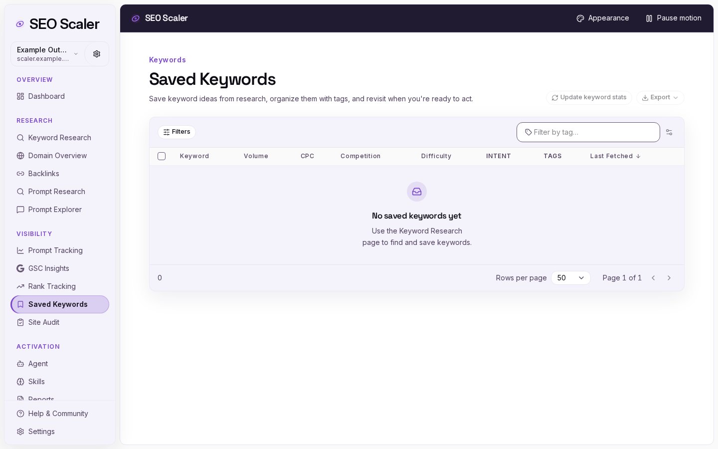 Saved Keywords: Saved keyword workspace before keywords have been saved