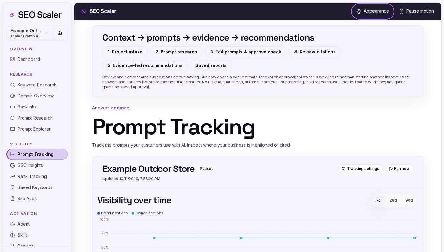 Screenshot: ai visibility tracker with four example runs