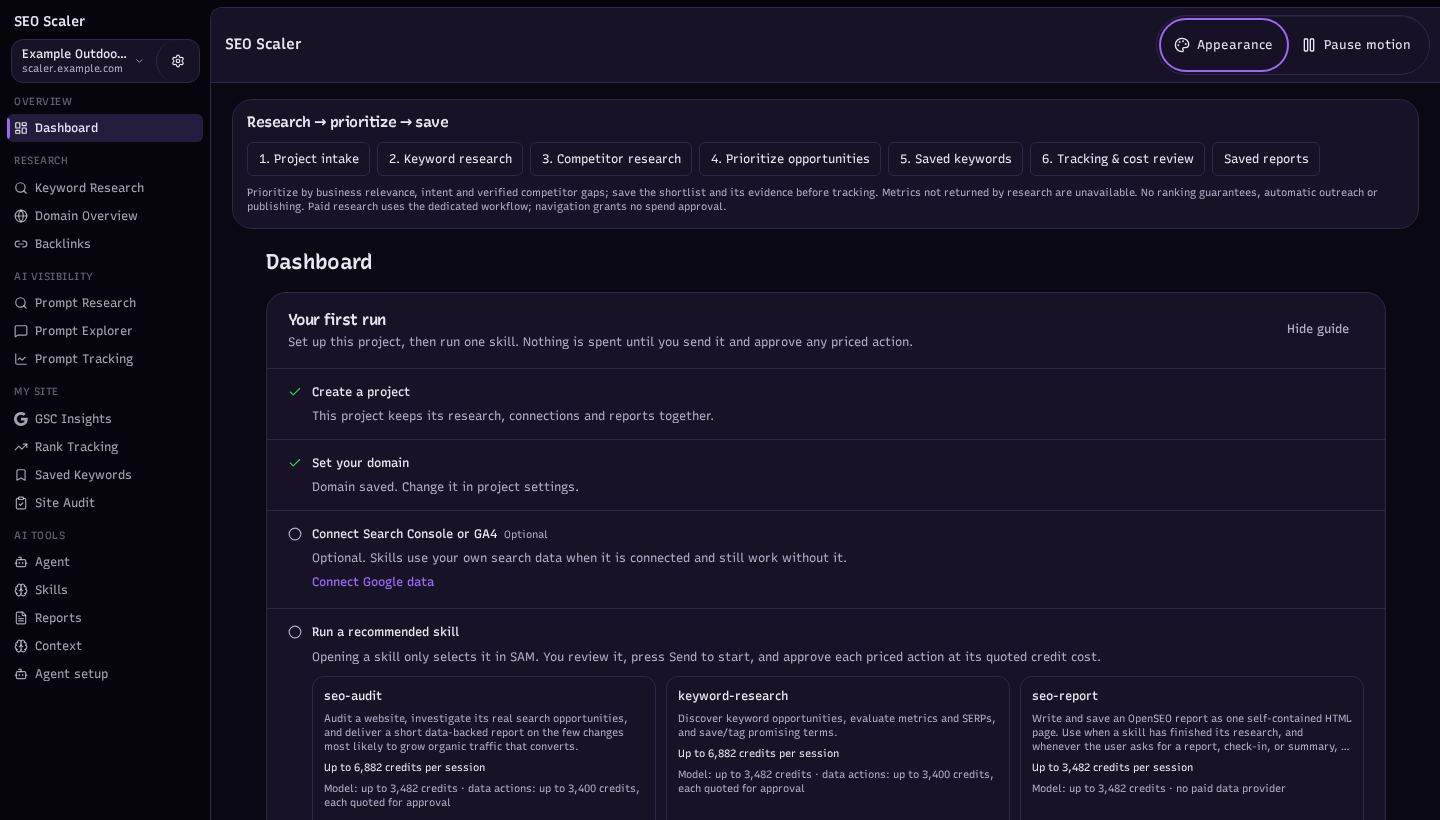 Screenshot: project dashboard and next actions