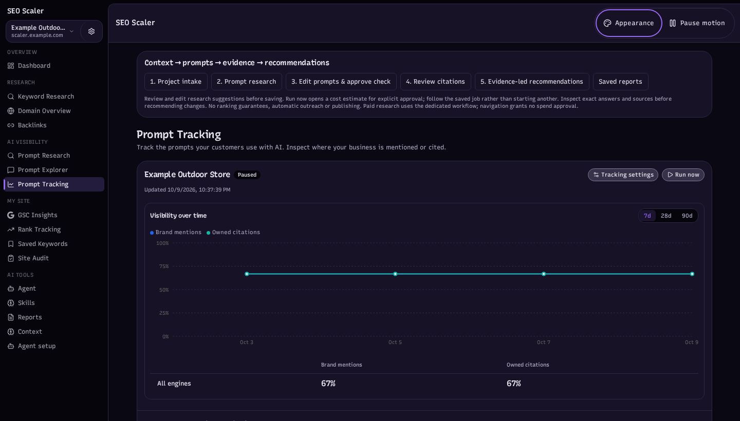Screenshot: ai visibility tracker with four example runs