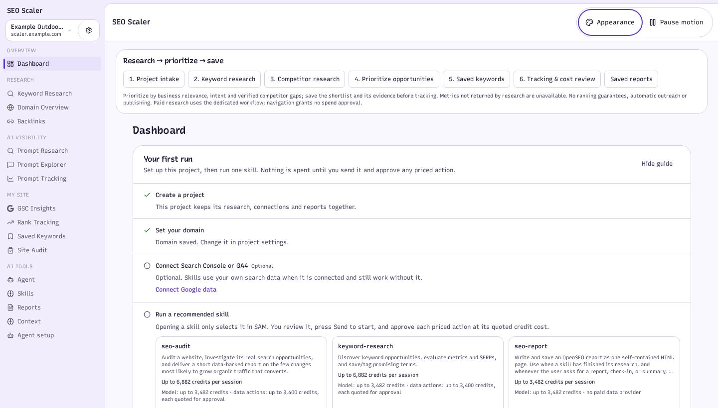 Screenshot: project dashboard and next actions
