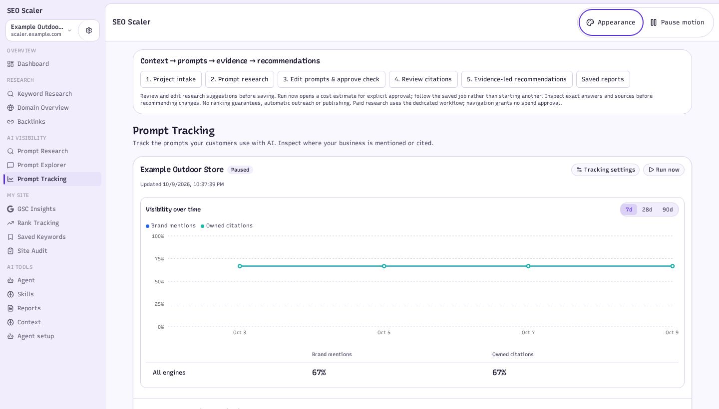 Screenshot: ai visibility tracker with four example runs
