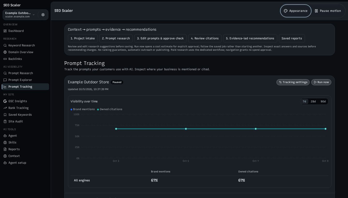 Screenshot: ai visibility tracker with four example runs