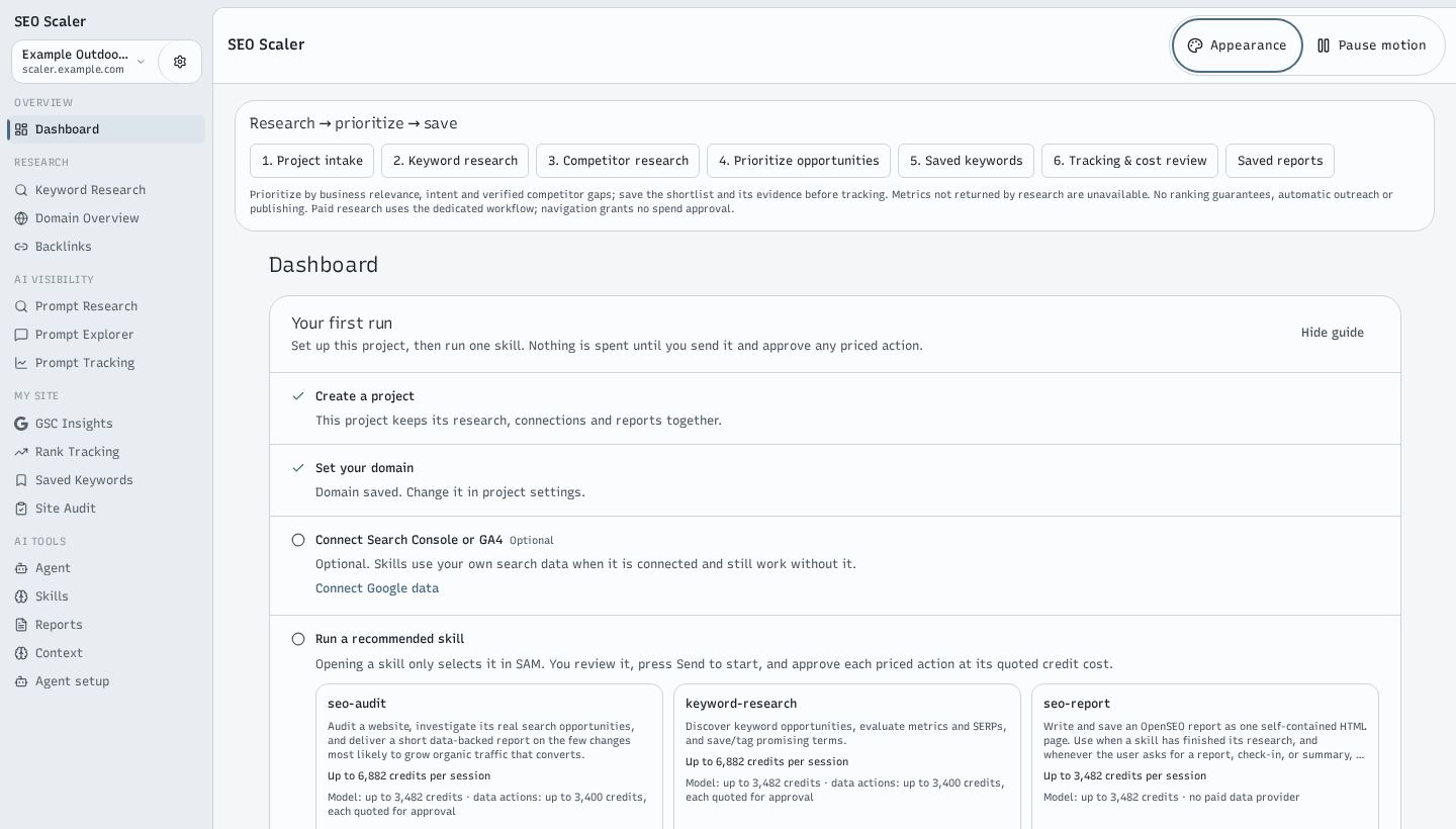 Screenshot: project dashboard and next actions