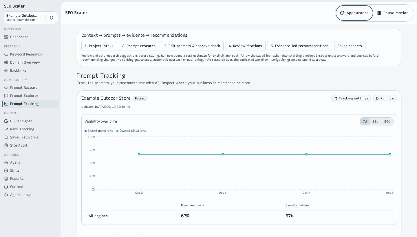 Screenshot: ai visibility tracker with four example runs
