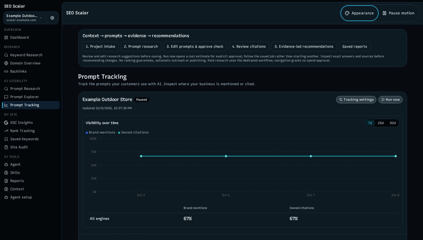 Screenshot: ai visibility tracker with four example runs