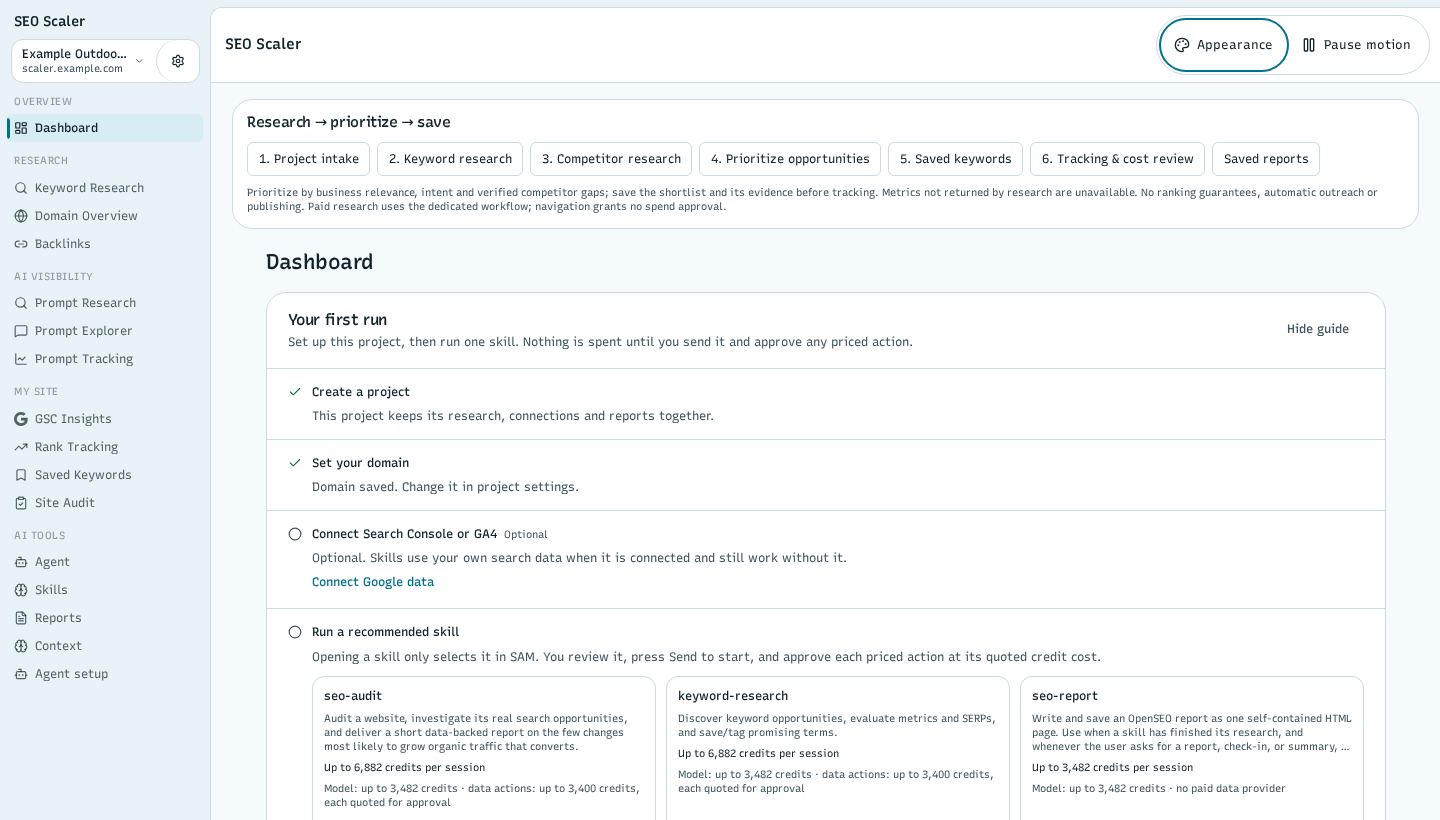 Screenshot: project dashboard and next actions