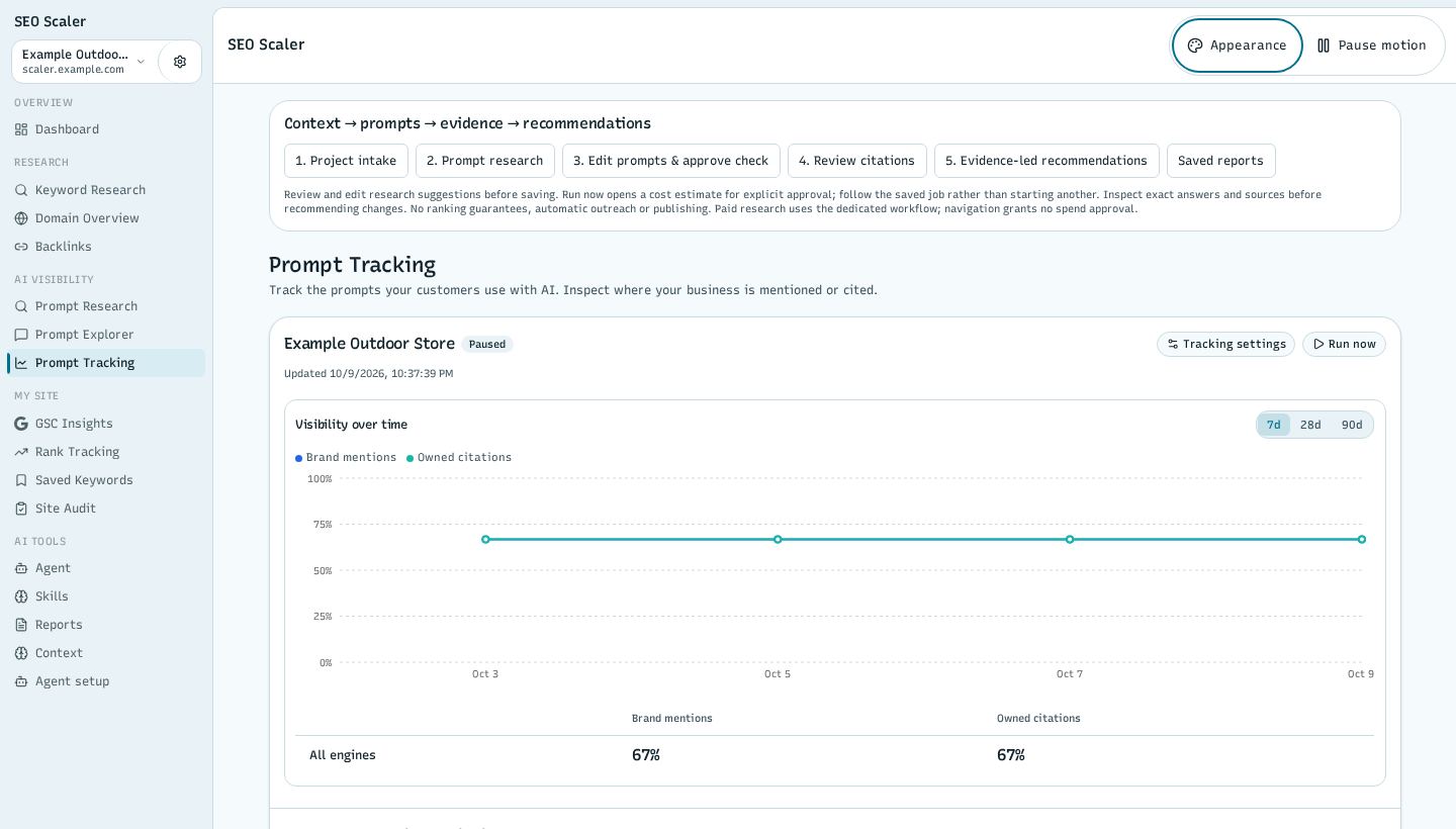 Screenshot: ai visibility tracker with four example runs